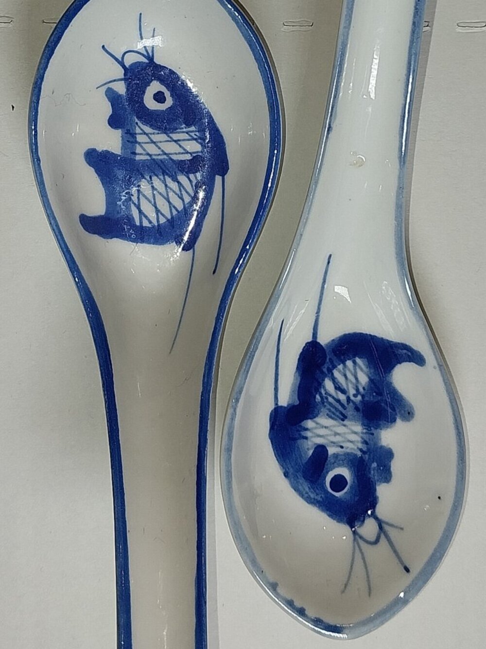 Vintage Chinese Porcelain Soup Spoons Set Of 2 Blue White Hand Painted Fish
